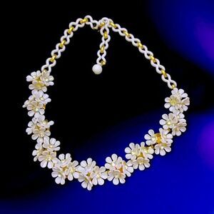 Vintage white plastic floral cluster and crystal choker necklace 1960’s